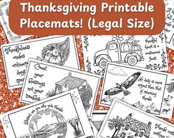 Könnte beinhalten: Schwarz-weiß bedruckbare Tischsets zum Thema Thanksgiving. Die Tischsets zeigen verschiedene Illustrationen, darunter ein Füllhorn und inspirierende Zitate. Der Text "Thanksgiving Printable Placemats! (Legal Size)" ist zu sehen.