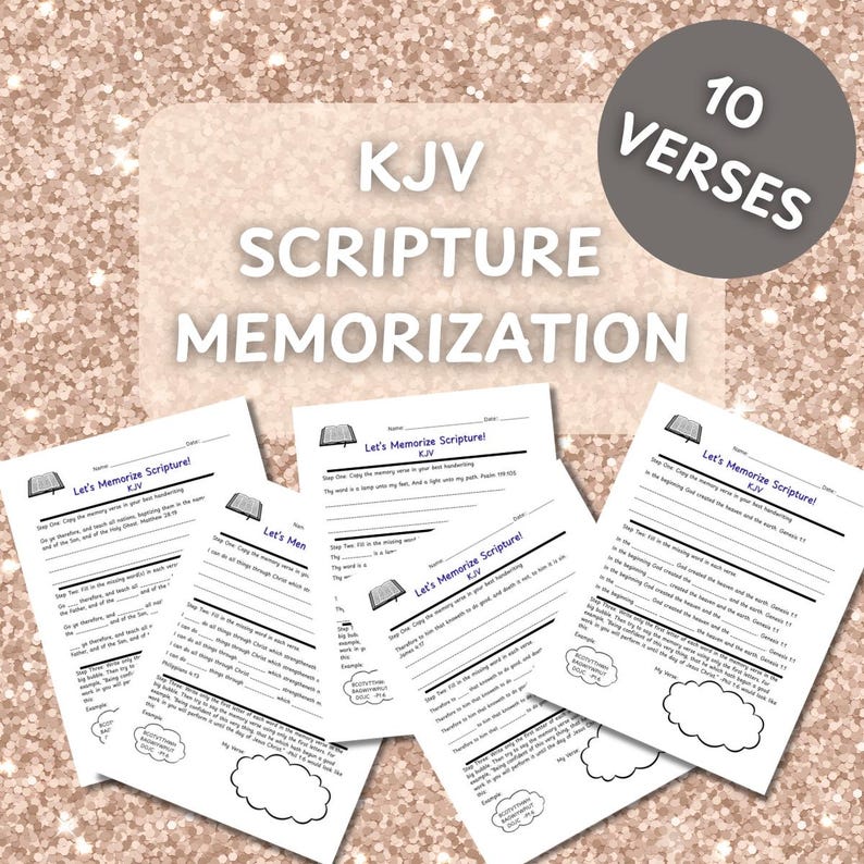 Pode incluir: Um conjunto de folhas de trabalho brancas de Memoriza&ccedil;&atilde;o de Escrituras KJV com se&ccedil;&otilde;es para preencher. As folhas de trabalho t&ecirc;m o texto "Let's Memorize Scripture!" e "10 Versos". O fundo &eacute; de cor marrom claro brilhante.