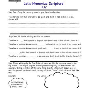 Pode incluir: Uma folha de trabalho branca intitulada "Let's Memorize Scripture!" com exerc&iacute;cios de preenchimento de lacunas e um espa&ccedil;o para escrever um vers&iacute;culo. Inclui o texto "Therefore to him that knoweth to do good, and doeth it not, to him it is sin. James 4:17."