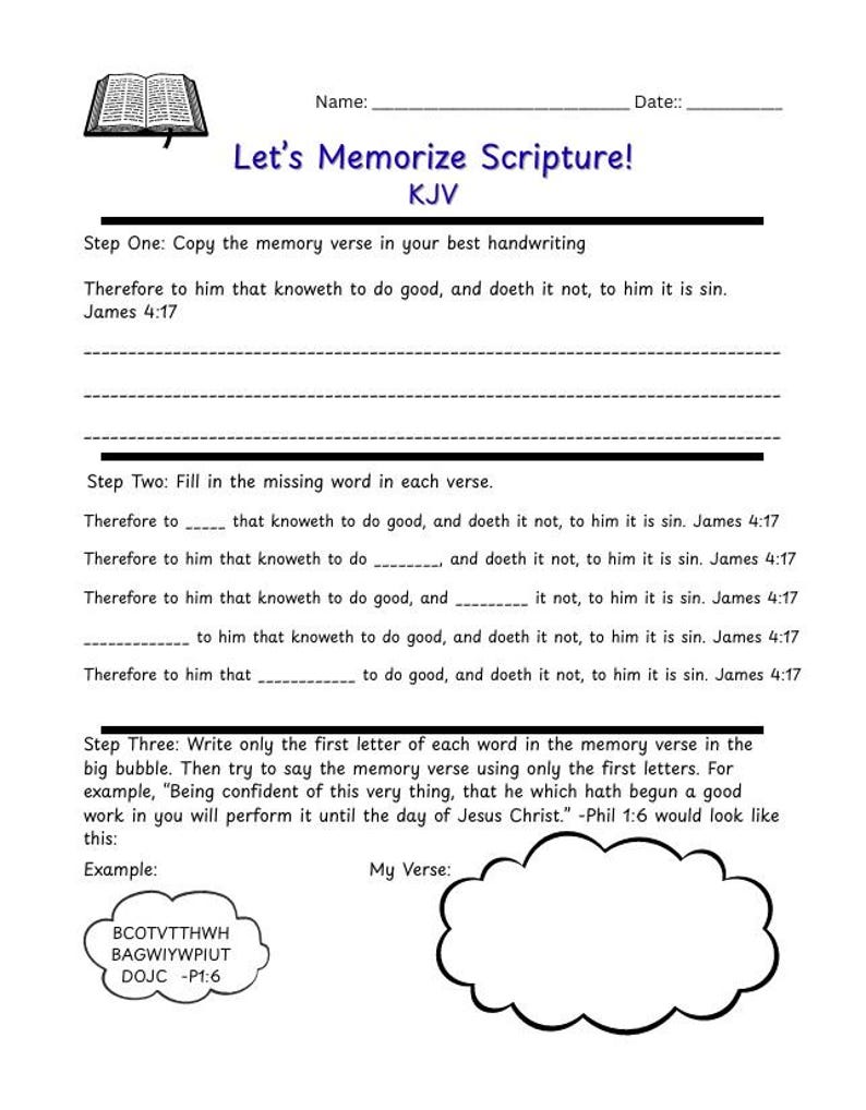 Pode incluir: Uma folha de trabalho branca intitulada "Let's Memorize Scripture!" com exerc&iacute;cios de preenchimento de lacunas e um espa&ccedil;o para escrever um vers&iacute;culo. Inclui o texto "Therefore to him that knoweth to do good, and doeth it not, to him it is sin. James 4:17."