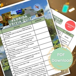 May include: Two-page Florida Trivia Quiz with an answer key. The quiz features questions about Florida's geography, history, and wildlife. The design includes images of Florida landmarks and the text "PDF Download."