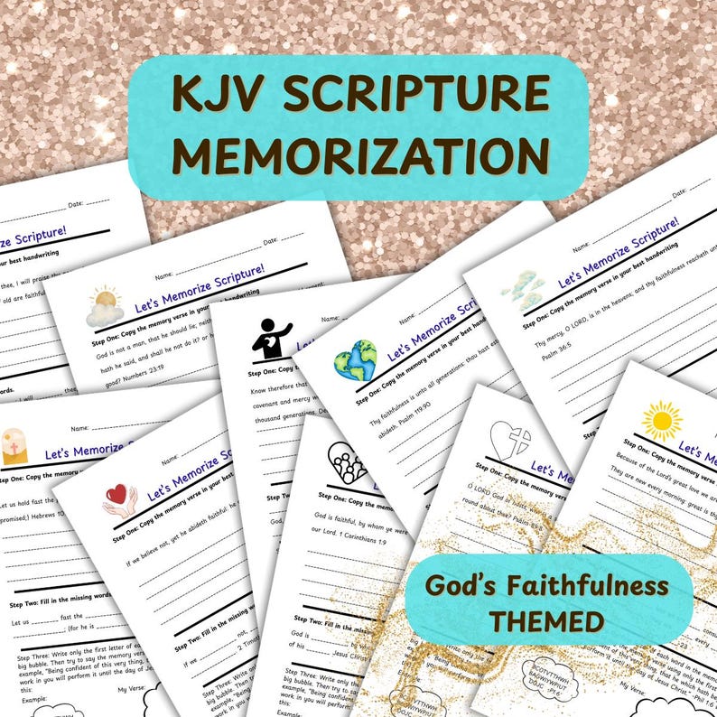 Pode incluir: Uma cole&ccedil;&atilde;o de folhas de trabalho de Memoriza&ccedil;&atilde;o das Escrituras KJV com o tema "Fidelidade de Deus". Cada folha de trabalho apresenta instru&ccedil;&otilde;es para copiar vers&iacute;culos e completar as palavras que faltam. As folhas de trabalho t&ecirc;m um esquema de cores azul claro e dourado.