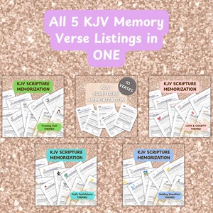 Pode incluir: Uma imagem mostrando cinco listas de memoriza&ccedil;&atilde;o das Escrituras KJV. Cada lista apresenta uma pilha de pap&eacute;is com t&iacute;tulos tem&aacute;ticos: Confiar em Deus, Amor e Caridade, Fidelidade de Deus e Permanecer Firme. O texto "All 5 KJV Memory Verse Listings in ONE" &eacute; exibido.
