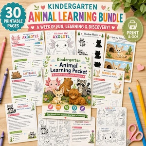 5 Day Kindergarten Animal Theme Bundle - 30 PAGES Axolotl, Capybara & More! Handwriting, Math, Social Studies, Science, Fun Activities