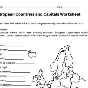 20 European Countries and Capitals Geography Worksheet with Word Bank and Answer Key