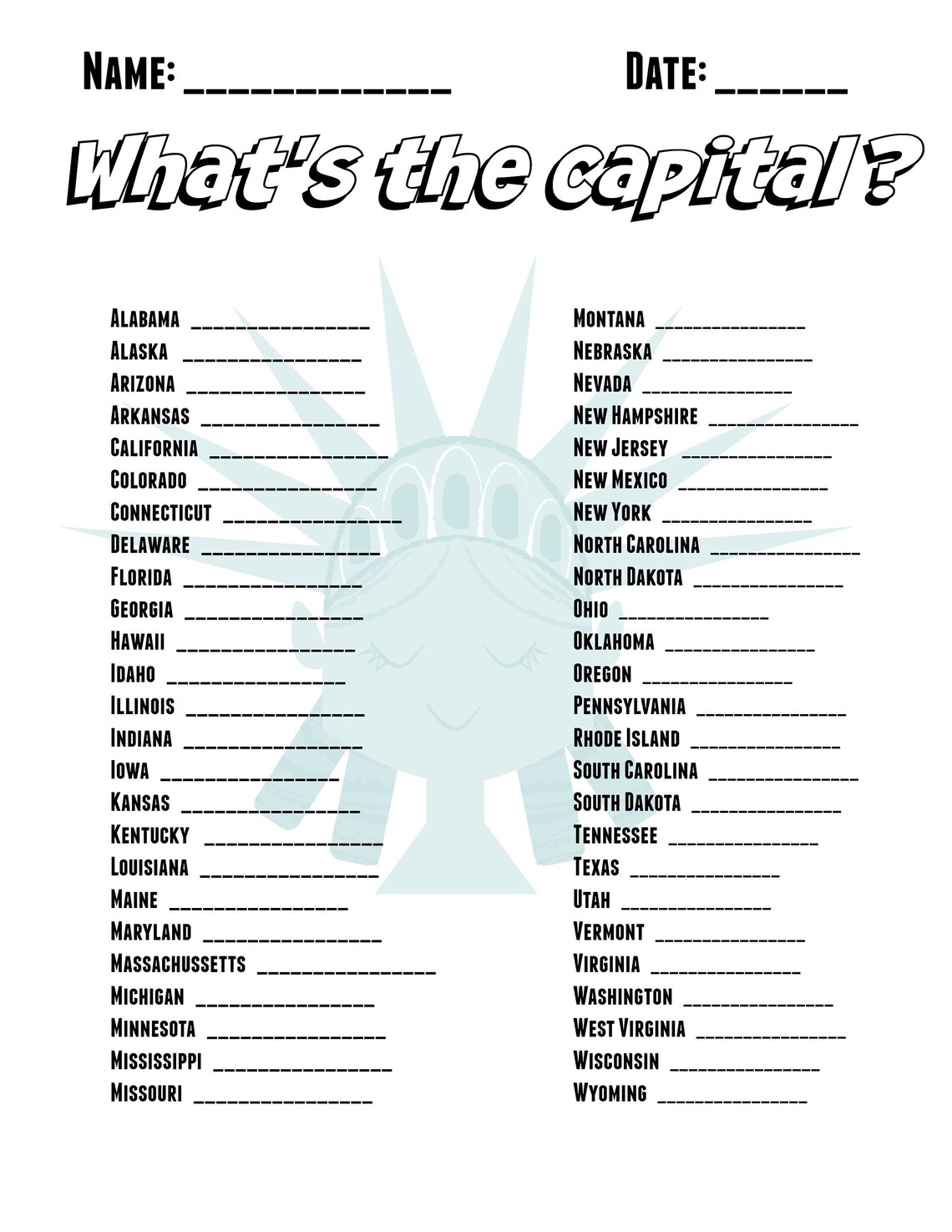 Geography - States and Capitals - Students Fill in the Capitals for Each State - Homeschool ...