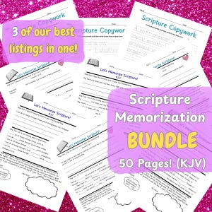 Op de afbeelding: Een bundel van 50 pagina's met Schrift-overwerk, met de tekst "Scripture Memorization BUNDLE" en "3 of our best listings in one!" op een roze glitterachtergrond. Elke pagina bevat invuloefeningen.