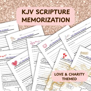Pode incluir: Uma cole&ccedil;&atilde;o de folhas de trabalho de Memoriza&ccedil;&atilde;o de Escrituras KJV com um tema de amor e caridade. As folhas de trabalho apresentam gr&aacute;ficos de cora&ccedil;&otilde;es e m&atilde;os dadas, com o texto "Let's Memorize Scripture!" e instru&ccedil;&otilde;es.