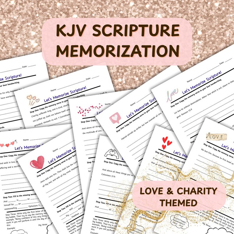 Pode incluir: Uma cole&ccedil;&atilde;o de folhas de trabalho de Memoriza&ccedil;&atilde;o de Escrituras KJV com um tema de amor e caridade. As folhas de trabalho apresentam gr&aacute;ficos de cora&ccedil;&otilde;es e m&atilde;os dadas, com o texto "Let's Memorize Scripture!" e instru&ccedil;&otilde;es.