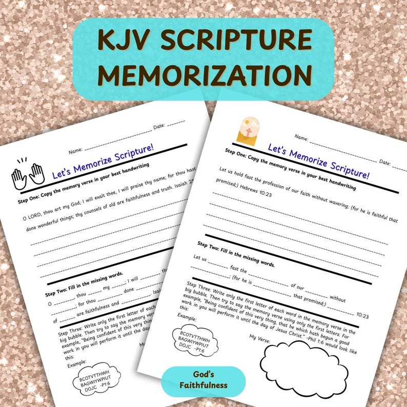 Pode incluir: Duas folhas de trabalho brancas com o texto "Let's Memorize Scripture!" e "KJV Scripture Memorization" em uma faixa turquesa. As folhas de trabalho t&ecirc;m exerc&iacute;cios de preenchimento e de escrita. As palavras "God's Faithfulness" est&atilde;o em uma bolha turquesa.
