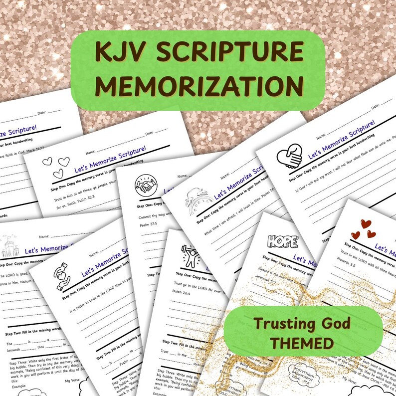 Pode incluir: Uma cole&ccedil;&atilde;o de folhas de trabalho brancas de memoriza&ccedil;&atilde;o das Escrituras KJV com texto preto e desenhos de linha. As folhas de trabalho t&ecirc;m uma faixa verde que diz "KJV Scripture Memorization" e uma faixa verde que diz "Trusting God THEMED".