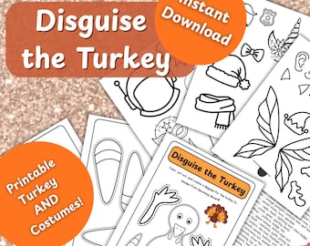 Può includere: Set di costumi stampabili "Disguise the Turkey". Include vari pezzi di costume come un cappello da poliziotto, ali di fata e un casco spaziale. L'immagine presenta il testo "Download istantaneo" e "Tacchino E Costumi stampabili!"