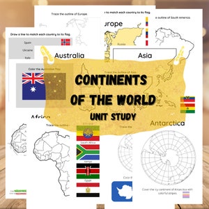 Unità di studio della geografia dei continenti del mondo - 25 pagine - con chiave di risposta - Scuola a domicilio - Ritorno a scuola - Mappe - Da colorare - Elementare