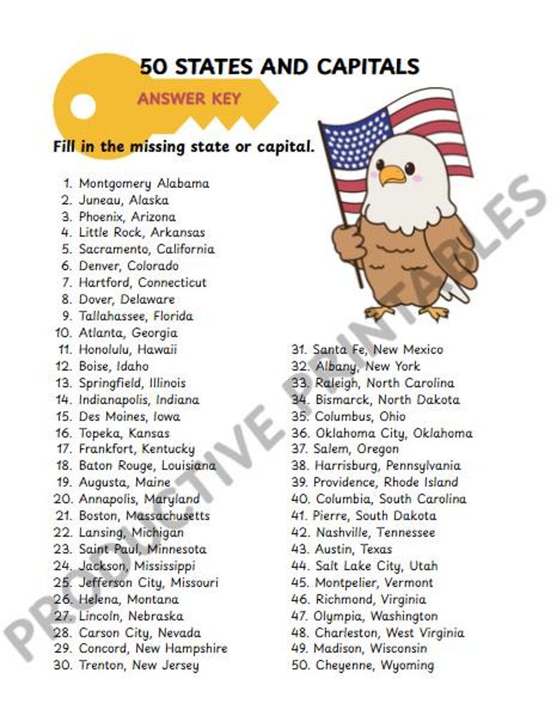 States and Capitals Worksheet: US Geography Quiz (digital Download) - Etsy