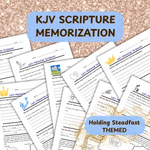 Pode incluir: Uma cole&ccedil;&atilde;o de folhas de trabalho brancas de Memoriza&ccedil;&atilde;o de Escrituras KJV com v&aacute;rias ilustra&ccedil;&otilde;es e o texto "KJV Scripture Memorization" e "Holding Steadfast THEMED". As folhas de trabalho s&atilde;o projetadas para escrita &agrave; m&atilde;o.