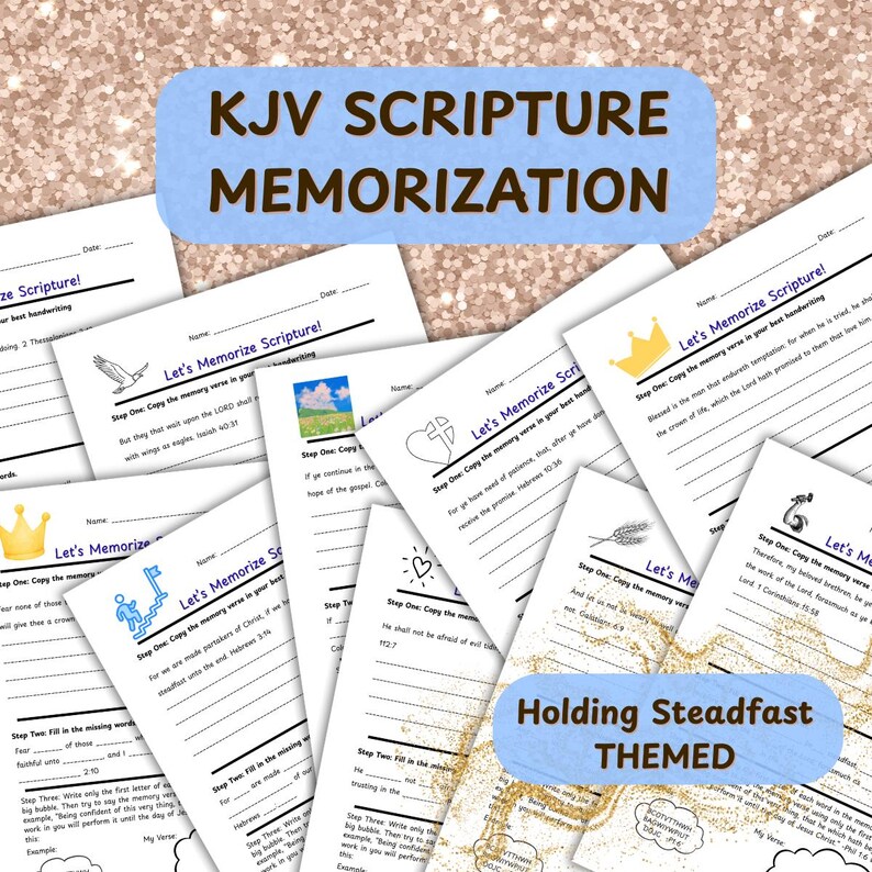 Pode incluir: Uma cole&ccedil;&atilde;o de folhas de trabalho brancas de Memoriza&ccedil;&atilde;o de Escrituras KJV com v&aacute;rias ilustra&ccedil;&otilde;es e o texto "KJV Scripture Memorization" e "Holding Steadfast THEMED". As folhas de trabalho s&atilde;o projetadas para escrita &agrave; m&atilde;o.