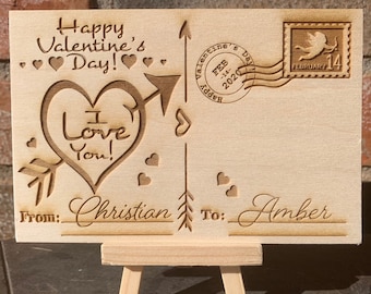 Personalized Engraved Wooden Valentine's Day Postcard with Stand