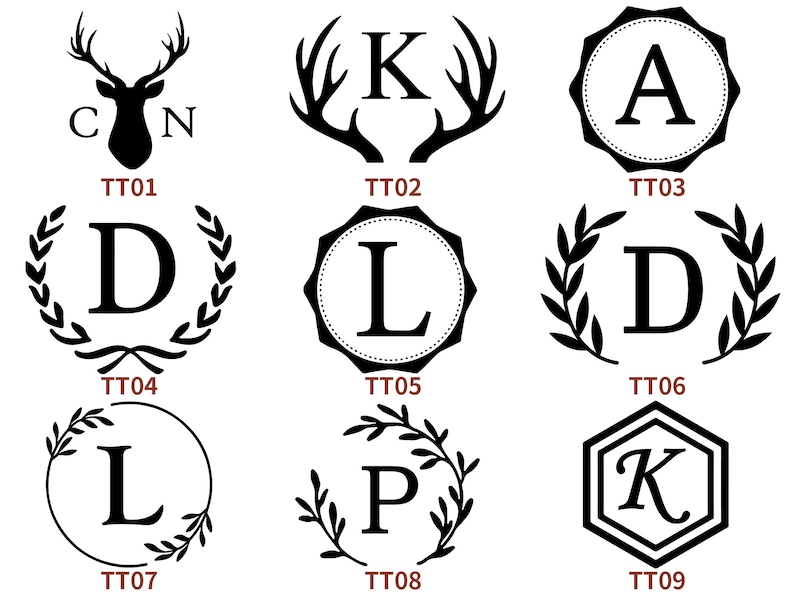 Puede incluir: Nueve dise&ntilde;os de monogramas diferentes que presentan varios estilos, incluyendo una cabeza de ciervo, astas, una corona, un c&iacute;rculo y un hex&aacute;gono. Cada dise&ntilde;o incluye una sola letra, como K, A, D, L y P.
