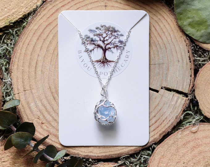 Wrapped Celestite Amulet Necklace on a .925 Silver Chain