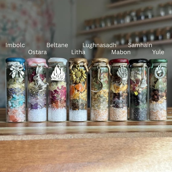 Wheel of the Year Spell Jars | Imbolc, Ostara, Beltane, Litha, Lughnasadh, Mabon, Samhain, Yule