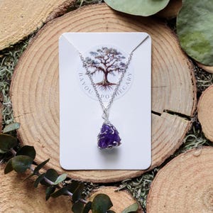 May include: A silver necklace with a raw, purple amethyst pendant. The pendant is wire-wrapped and hangs from a delicate chain. The necklace is displayed on a white card with the text "Bayou Apothecary" and a tree logo.