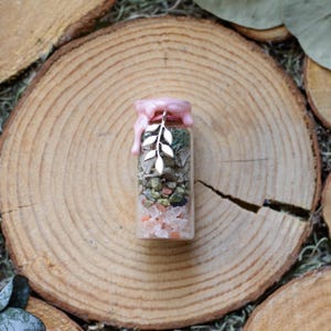 May include: A small glass bottle filled with layers of colorful stones, greenery, and crystals. The bottle is sealed with pink wax and a silver leaf charm. The bottle is displayed on a wooden surface.