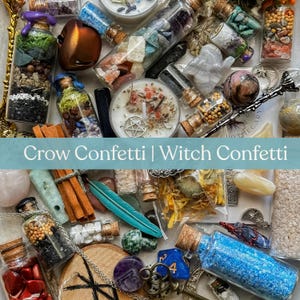 May include: An assortment of small glass bottles, candles, crystals, and decorative items. The bottles contain colorful stones, herbs, and glitter. The image includes the text "Crow Confetti | Witch Confetti".