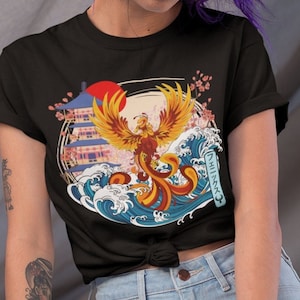 Japanese Phoenix Bird Shirt, Tokyo Osaka Street Wear, Great Wave Kanagawa, Japan Retro Vintage Art Unisex T-Shirt