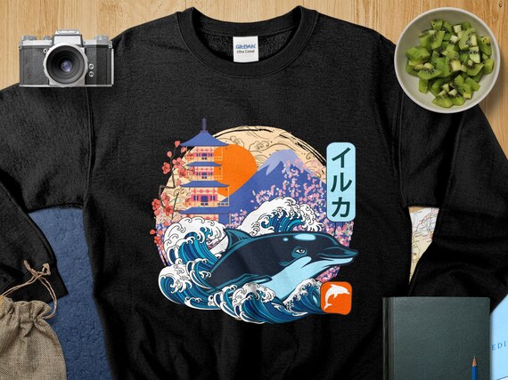 洋書 Great T-Shirt Graphics Japanese Wave Dolphin T-shirt, Unisex Graphic Tee, Traditional