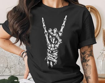 Rock On Skeleton Hand T-Shirt, Metal Hand Sign Goth Tee, Alternative Punk Rocker Concert Outfit Grunge Skull Graphic Print