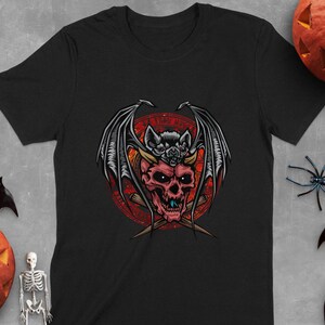 Gothic Hexerei T-Shirt, Occult Dark Art T-Shirt, Horror Mythologie Design, Halloween Schädel Fledermaus Grafik, gruselige Kleidung