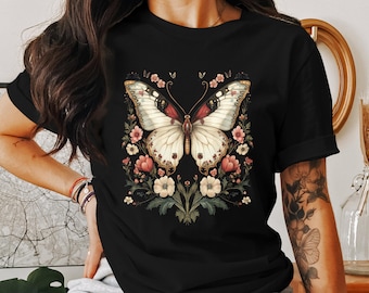 Floral Butterfly T-Shirts, Cottagecore Clothing, Vintage Style, Aesthetic Tees, Nature Lover Shirt, Butterfly Graphic Tee, Trendy Design