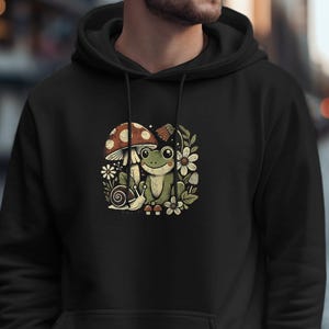 Frog and Mushroom Hoodie, Nature-Inspired Sweatshirt, Cute Animal Graphic Pullover, Comfort Hoodie for Wildlife Lovers