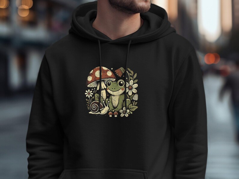 Frog and Mushroom Hoodie, Nature-Inspired Sweatshirt, Cute Animal Graphic Pullover, Comfort Hoodie for Wildlife Lovers