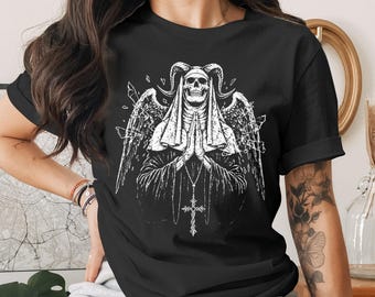 Praying Nun Skull T-Shirt, Gothic Satanic Angel Wings Macabre Tee, Alt Clothing, Dark Academia Horror Grunge Goth Gift