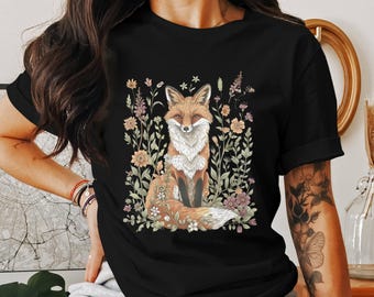 Grafisch T-shirt Fox in Floral Garden, esthetisch T-shirt Cottagecore, shirt grillig natuurliefhebber, top met bosdieren, gezellige buitenkleding