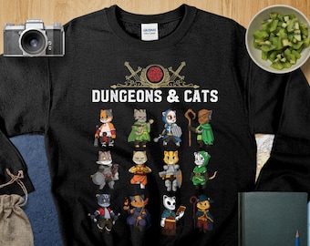 Dungeons and Cats Shirt DND Inspired Gift D&D fans Tabletop D20 Dice RPG Dragons Gamers T-Shirt