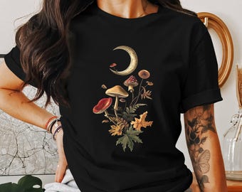 Mushroom Moon Cottagecore Mushroom Tee, Celestial Nature Art Cottagecore Shirt, Fantasy Mushroom Print, Whimsical Cottagecore Clothing