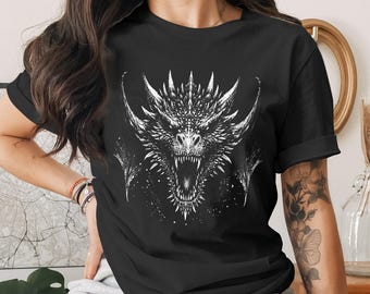 Roaring Dragon T-Shirt, Fantasy Dragon Head Graphic Tee, Mythical Beast Gift for Gamers, Gothic Grunge Style Dragon Lover Shirt