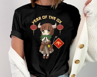 Chiński Nowy Rok Wół Zodiak T-shirt, Lunar Nowy Rok Słodki Rysunek Wół T-shirt, Rok Wół T-shirt, Zwierzę Zodiak T-shirt Prezent
