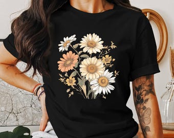 Camiseta de margaritas estilo cottagecore, camiseta con estampado floral, top de primavera/verano, bonita camiseta bohemia, estampado floral vintage, ropa estética para mujer.
