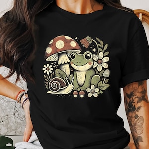 Cute Frog and Snail T-Shirt, Whimsical Forest Mushroom Tee, Nature Lover Shirt, Fun Animal Graphic Top, Unique Casual Wear