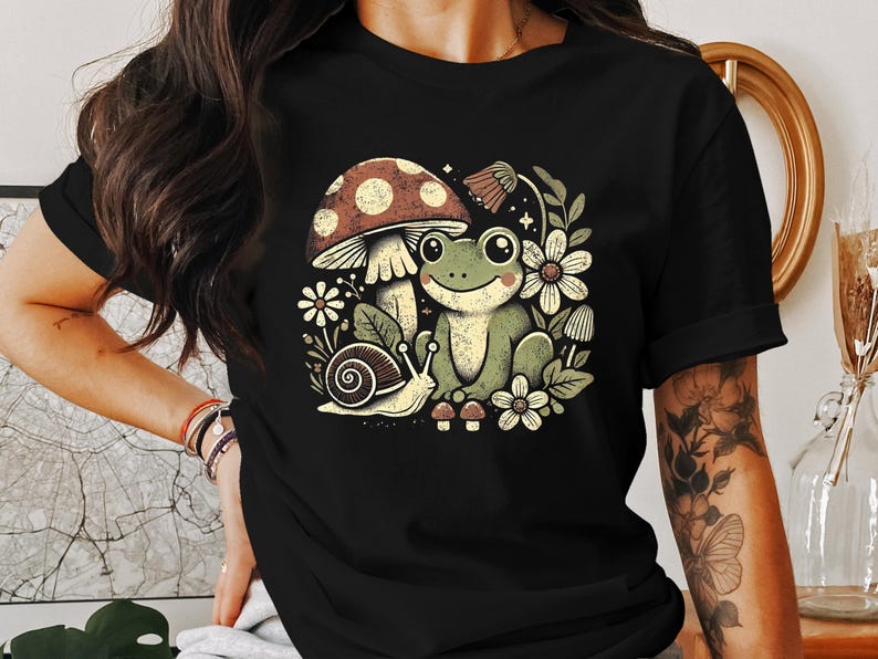 Cute Frog and Snail T-Shirt, Whimsical Forest Mushroom Tee, Nature Lover Shirt, Fun Animal Graphic Top, Unique Casual Wear
