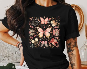 T-shirts papillon, T-shirts floraux cottagecore, T-shirt botanique, Motif papillon, Cadeau pour amoureux de la nature, T-shirts d'art insecte délicat