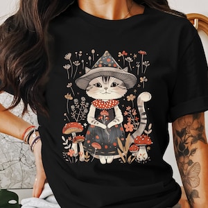 Whimsical Cottagecore Cat Witch T-Shirt, Cute Mushroom Kitty Graphic Tee, Cottagecore Aesthetic Witchy Cat Shirt, Cozy Nature Vibes