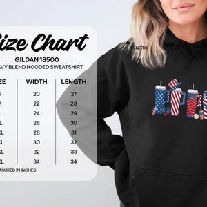 Size chart for Gildan 18500 hooded sweatshirt with measurements.