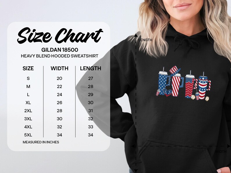 Size chart for Gildan 18500 hooded sweatshirt with measurements.