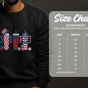 Size chart for Gildan 18000 heavy blend crewneck sweatshirt.