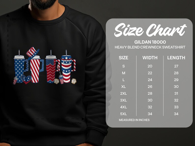 Size chart for Gildan 18000 heavy blend crewneck sweatshirt.