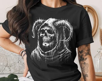 Gothic Skull T-Shirt, Horned Grim Reaper Tee, Dark Aesthetic Apparel, Macabre Grunge Art Top, Alt Fashion Occult Wear, Horror Fan Gift